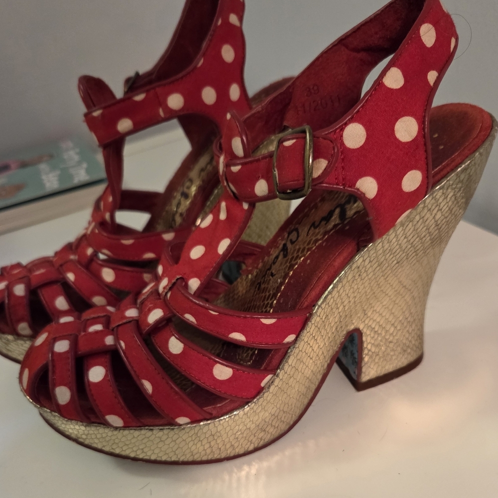 Irregular Choice Red Polka Dot Platform Heels, Size 39